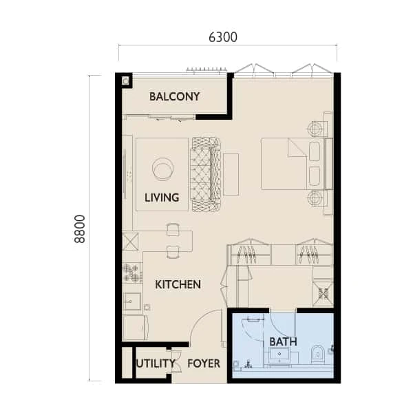 Residensi 38 Bangsar — Type A1 floor plan, 580 sq ft studio