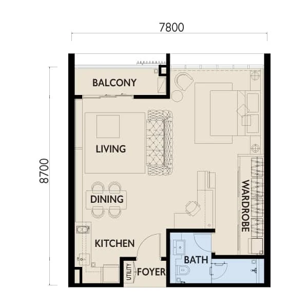 Residensi 38 Bangsar — Type A2 floor plan, 720 sq ft studio