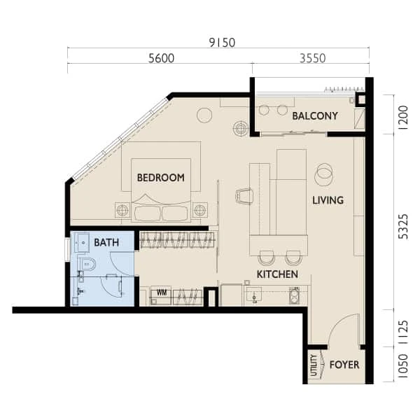 Residensi 38 Bangsar — Type A3 floor plan, 635 sq ft studio