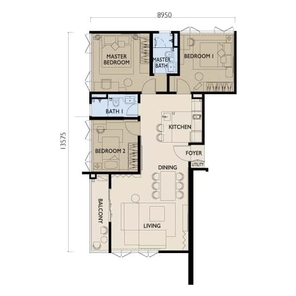 Residensi 38 Bangsar — Type B floor plan, 1,045 sq ft, 3 bedrooms