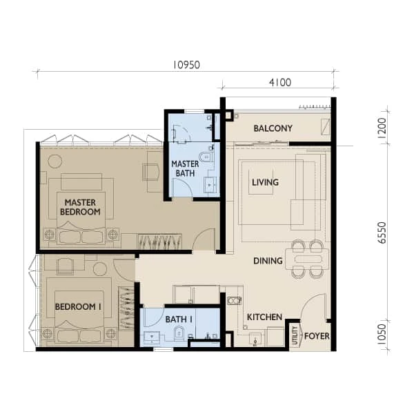 Residensi 38 Bangsar — Type C floor plan, 965 sq ft, 2 bedrooms