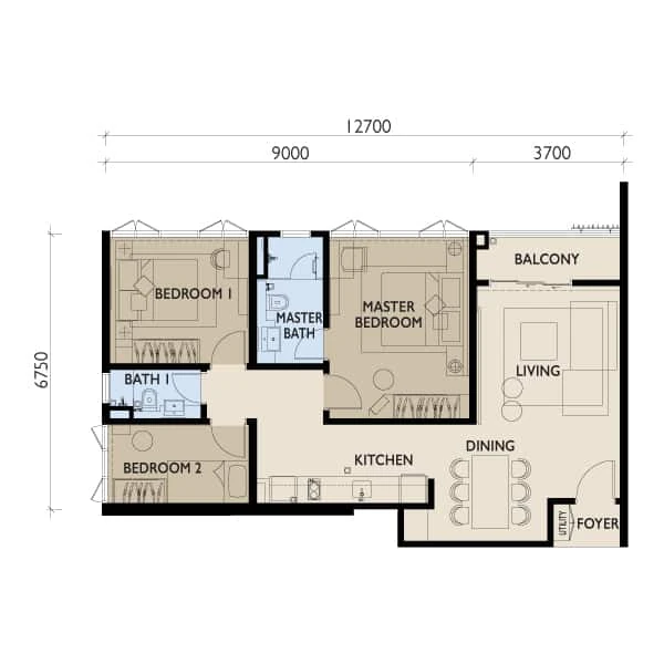 Residensi 38 Bangsar — Type C1 floor plan, 960 sq ft, 3 bedrooms