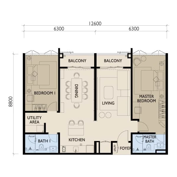 Residensi 38 Bangsar — Type D floor plan, 1,185 sq ft, 2 bedrooms