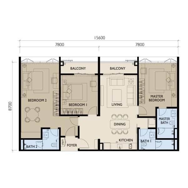 Residensi 38 Bangsar — Type E floor plan, 1,442 sq ft, 3 bedrooms flagship