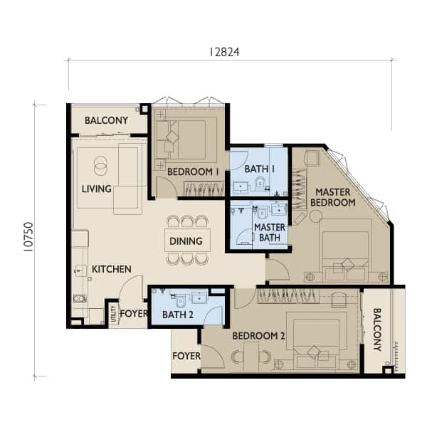 Residensi 38 Bangsar — Type F floor plan, 1,225 sq ft, 3 bedrooms