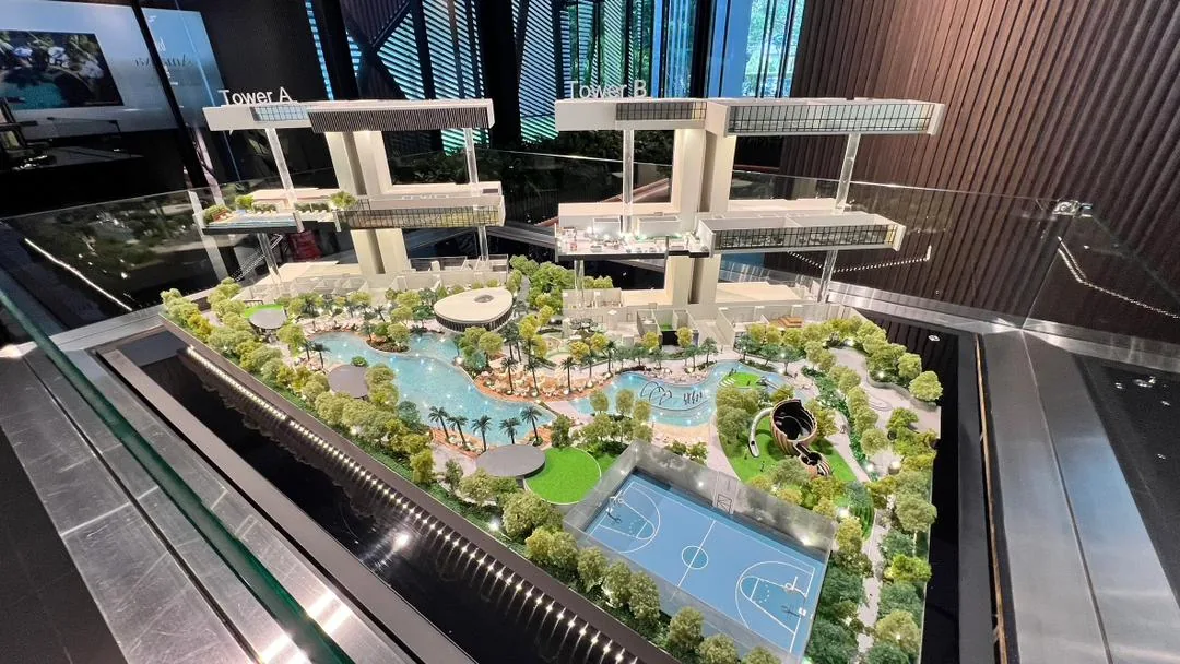 Amaya Residences — scale model of the facilities deck with pool and courts