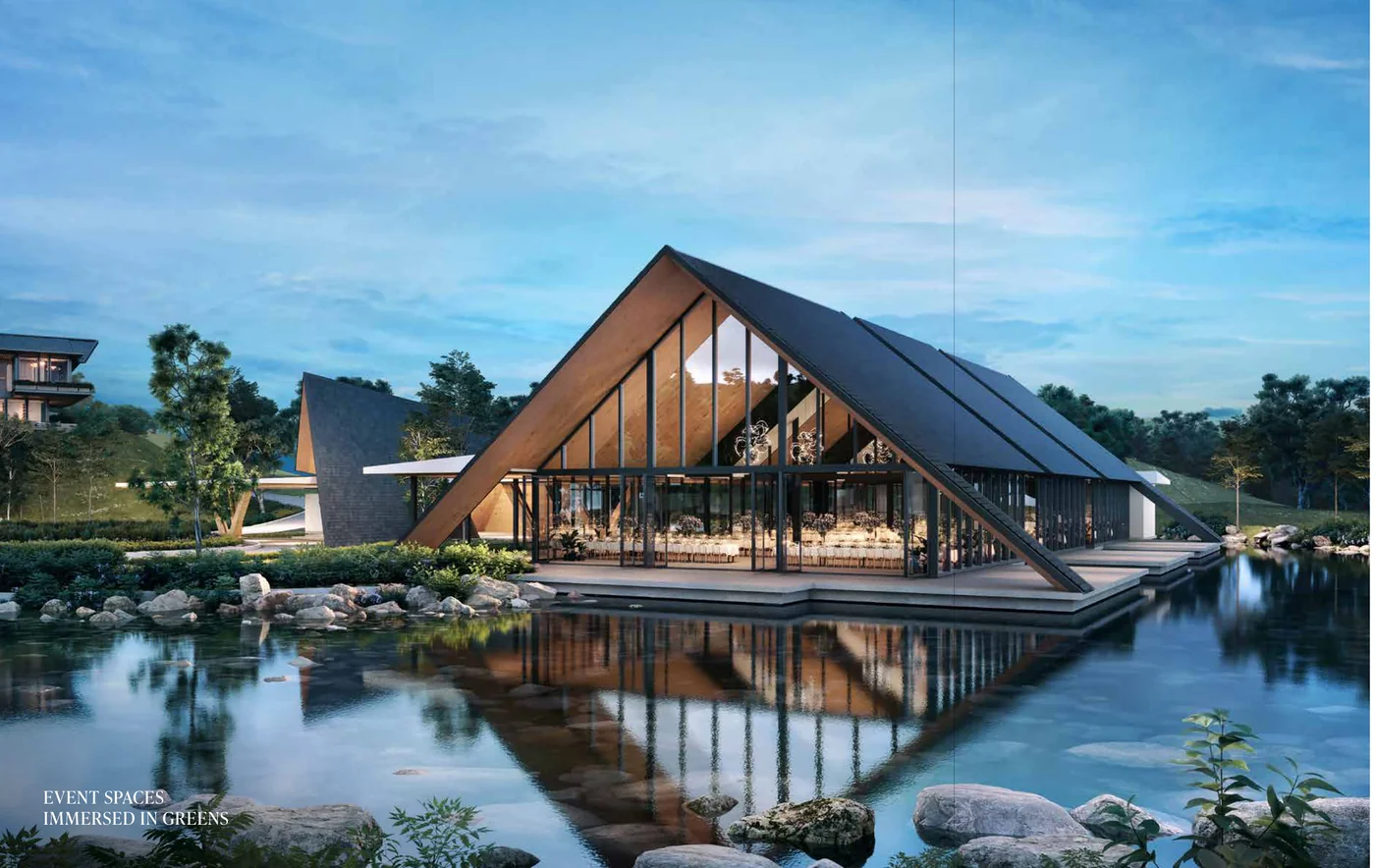 Anyara Hills — the lifestyle hub pavilion at dusk, reflected in the lake