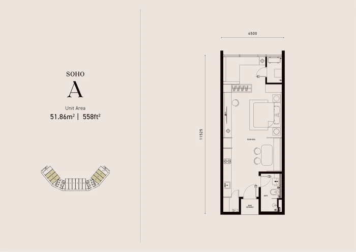 Armani Hallson SOHO Type A floor plan, 558 sq ft
