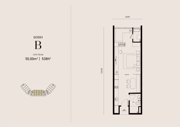Armani Hallson SOHO Type B floor plan, 538 sq ft