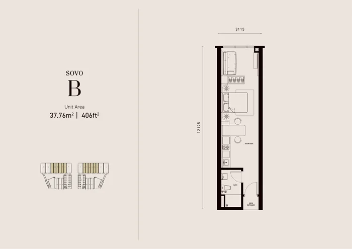 Armani Hallson SOVO Type B floor plan, 406 sq ft