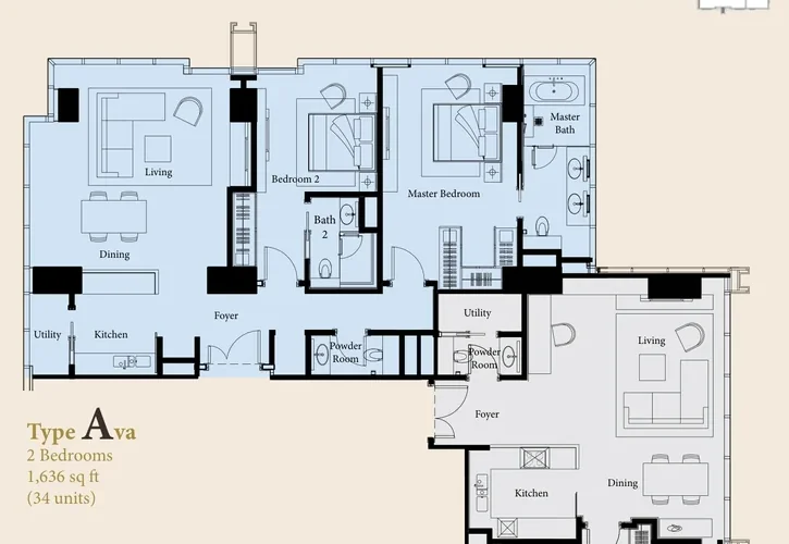 The Ritz-Carlton Residences Kuala Lumpur — Type Ava floor plan, 1,636 sq ft two-bedroom