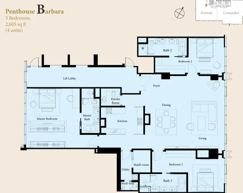The Ritz-Carlton Residences Kuala Lumpur — Penthouse Barbara floor plan, 2,605 sq ft three-bedroom