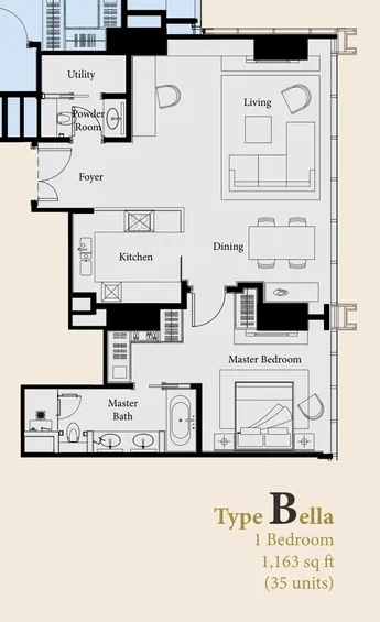 The Ritz-Carlton Residences Kuala Lumpur — Type Bella floor plan, 1,163 sq ft one-bedroom