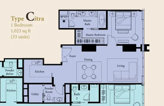 The Ritz-Carlton Residences Kuala Lumpur — Type Citra floor plan, 1,023 sq ft one-bedroom