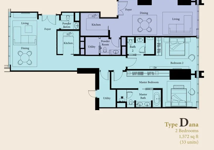 The Ritz-Carlton Residences Kuala Lumpur — Type Dana floor plan, 1,572 sq ft two-bedroom