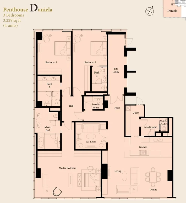 The Ritz-Carlton Residences Kuala Lumpur — Penthouse Daniela floor plan, 3,229 sq ft three-bedroom