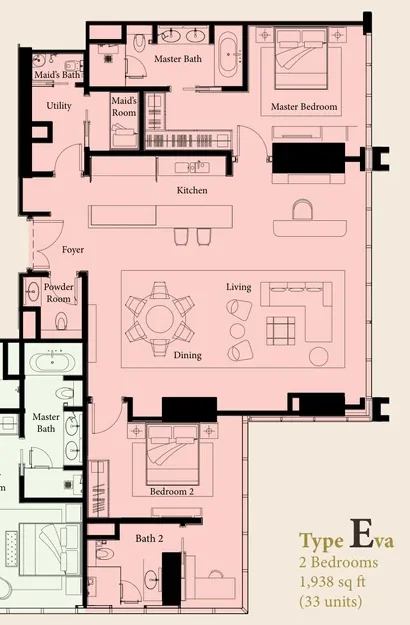 The Ritz-Carlton Residences Kuala Lumpur — Type Eva floor plan, 1,938 sq ft two-bedroom