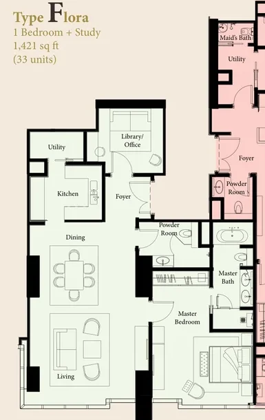 The Ritz-Carlton Residences Kuala Lumpur — Type Flora floor plan, 1,421 sq ft one-bedroom with study