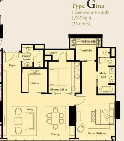 The Ritz-Carlton Residences Kuala Lumpur — Type Gina floor plan, 1,507 sq ft one-bedroom with study