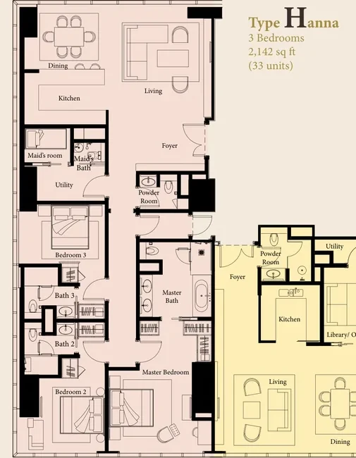 The Ritz-Carlton Residences Kuala Lumpur — Type Hanna floor plan, 2,142 sq ft three-bedroom