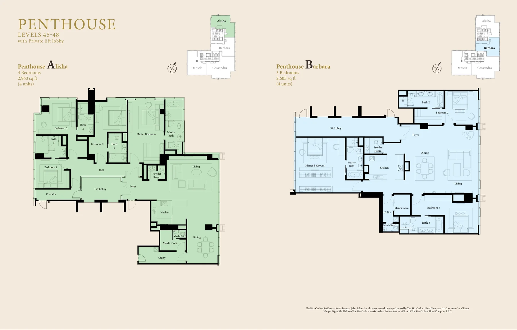 The Ritz-Carlton Residences Kuala Lumpur — penthouse layouts, levels 45 to 48