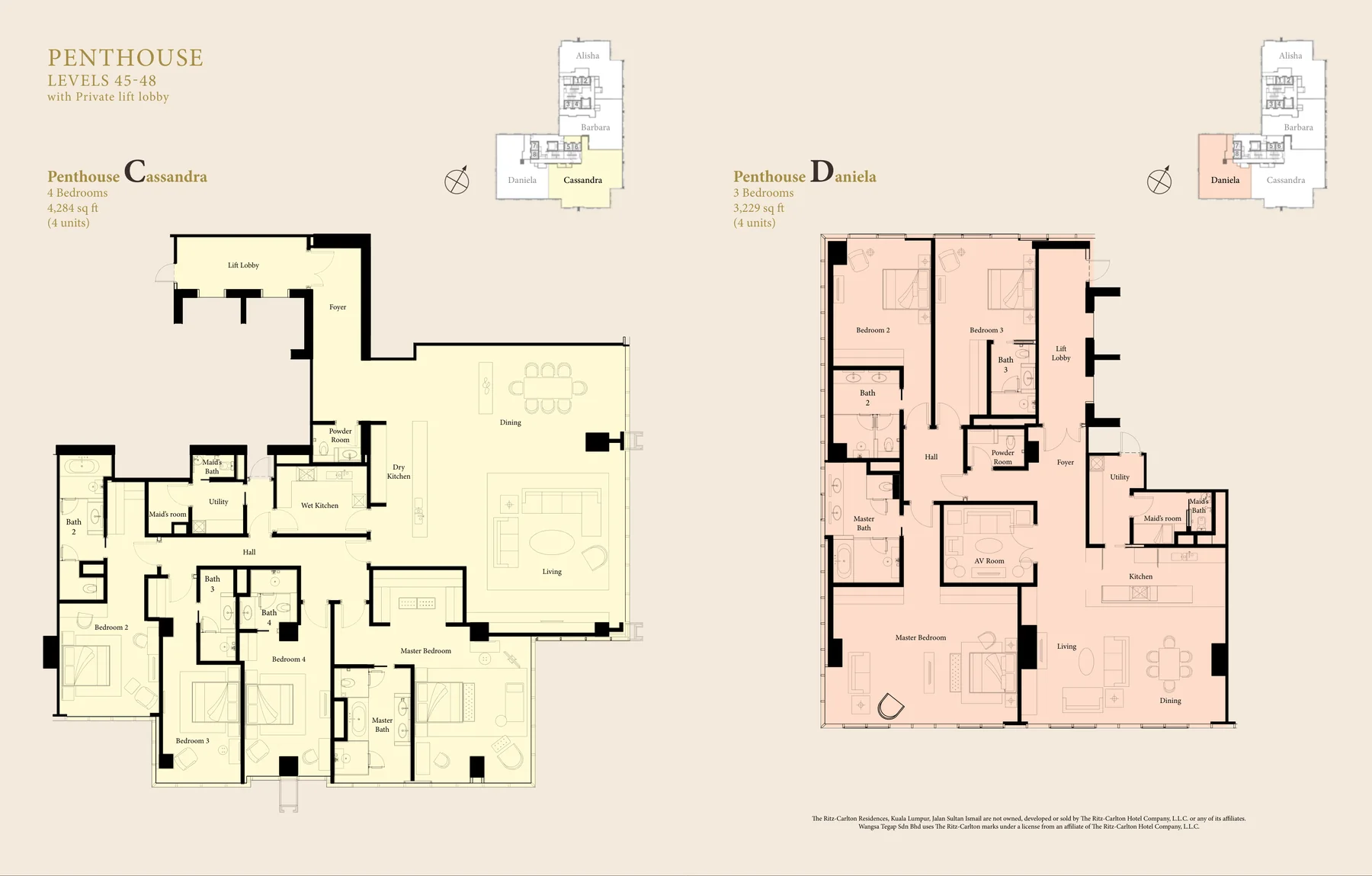 The Ritz-Carlton Residences Kuala Lumpur — penthouse layouts, levels 45 to 48